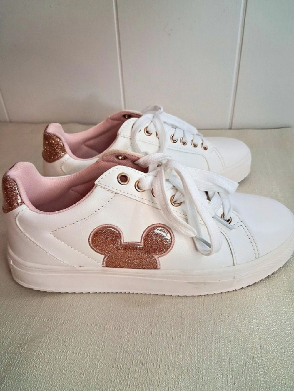 Disney Mickey Mouse Rose Gold Glitter Sneakers White & Pink Girl, US 7